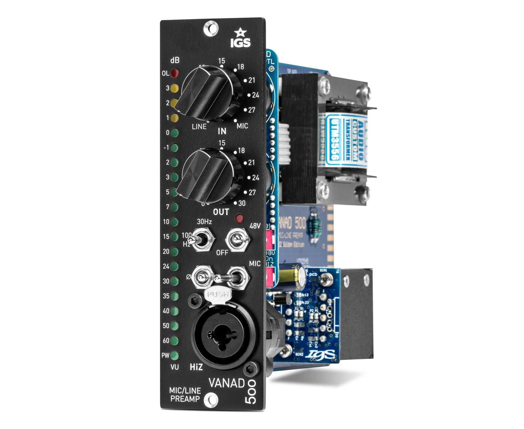 Black IGS Vanad 500 rackmount preamp module with knobs, switches, LED meters, and combo XLR/TRS input.