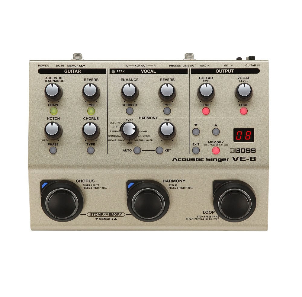 Top view of a Boss VE-8 Acoustic Singer audio effects pedal with knobs, buttons, footswitches, and input/output jacks.