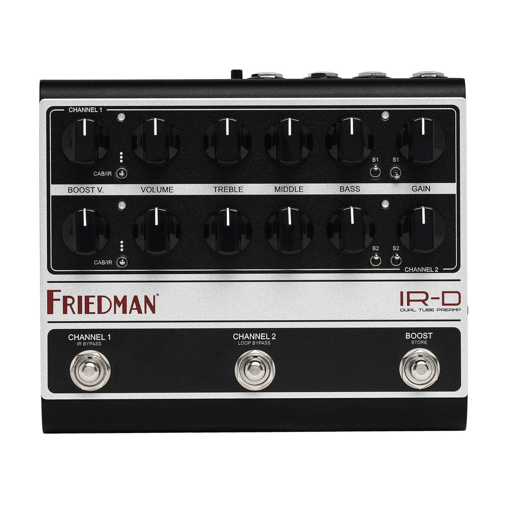 Silver and black Friedman IR-D dual channel preamp pedal with multiple knobs, switches, and three footswitches.