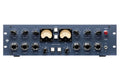 Blue dual FET limiter audio processor with knobs, toggle switches, push buttons, and dual analog VU meters.