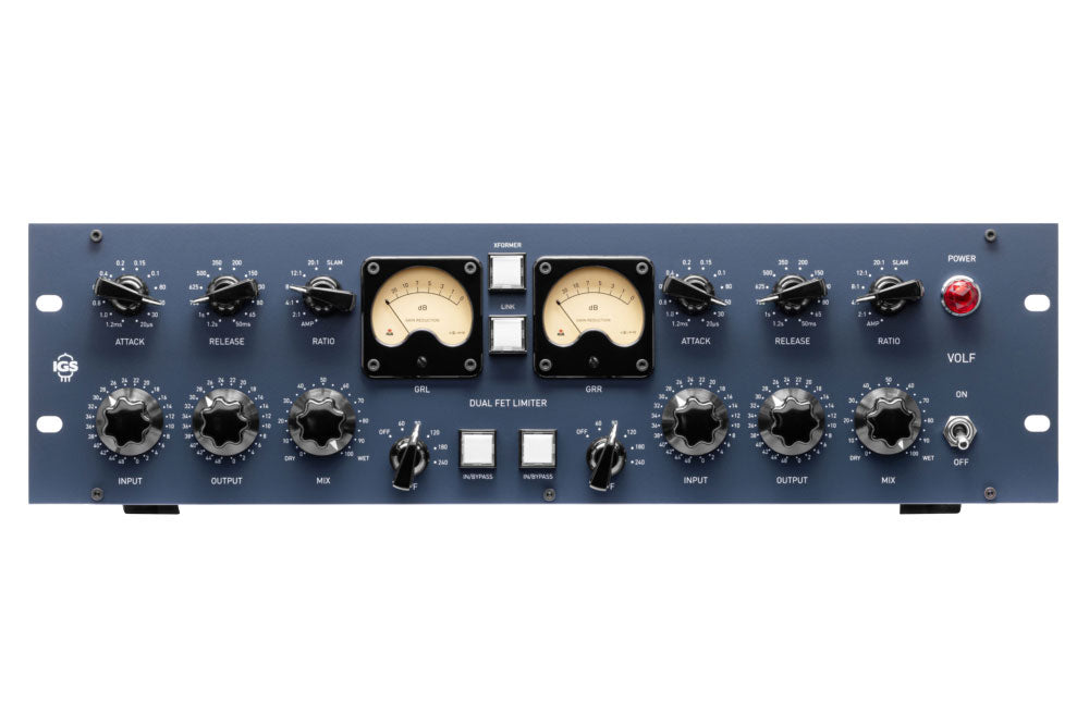 Blue dual FET limiter audio processor with knobs, toggle switches, push buttons, and dual analog VU meters.