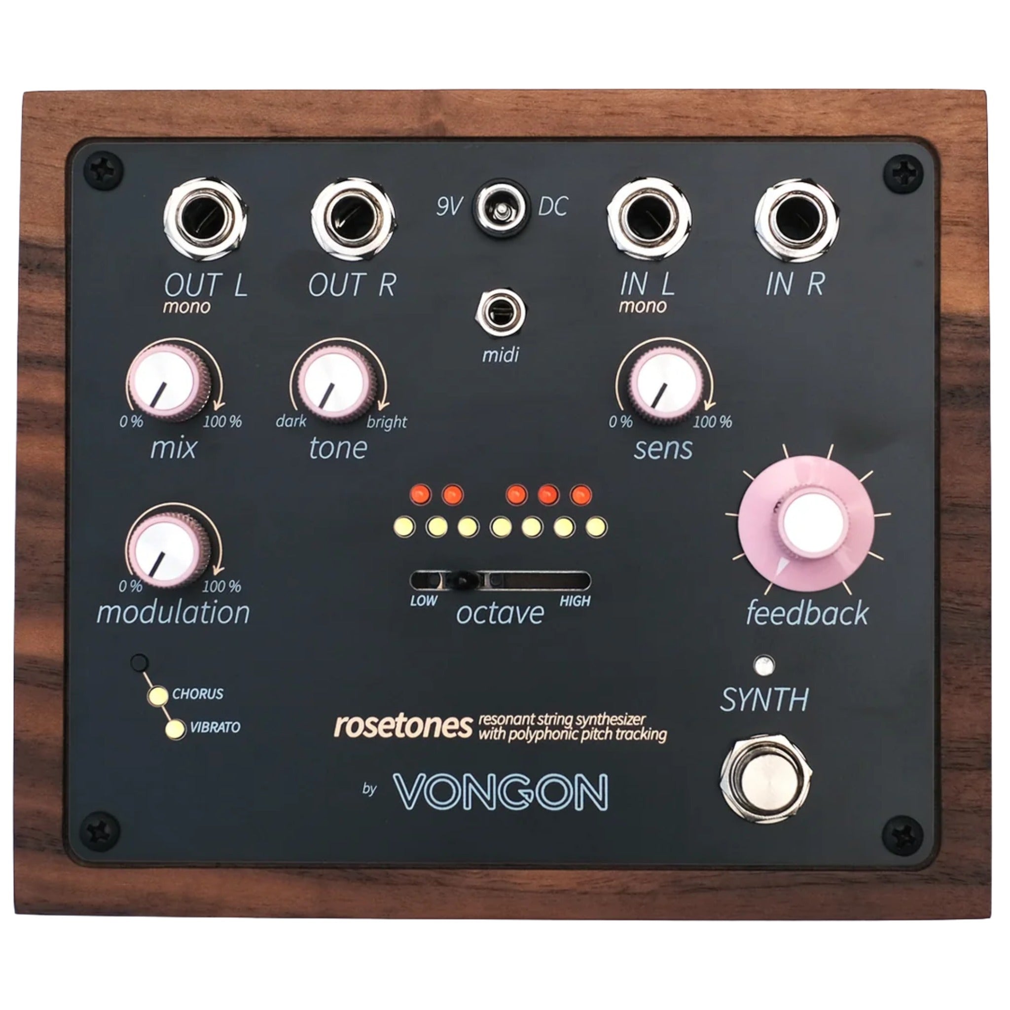Top view of a Vongon Rosetones resonant string synthesizer with wood sides, multiple knobs, jacks, and LED indicators.