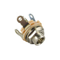 Metal 1/4 inch mono jack socket with three solder terminals and a nut for panel mounting.