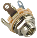 Metal 1/4 inch mono jack socket with mounting nut and three solder terminals shown on white background.