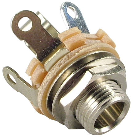 Metal 1/4 inch mono jack socket with mounting nut and three solder terminals shown on white background.