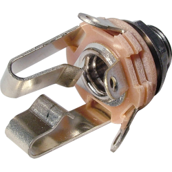 Close-up image of a 1/4 inch stereo jack socket with metal and plastic parts.