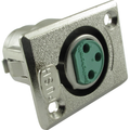 Silver metal panel mount with green 3-pin female circular connector and push button release mechanism.