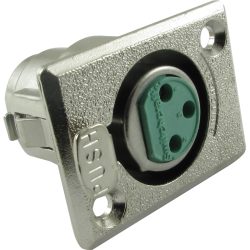 Silver metal panel mount with green 3-pin female circular connector and push button release mechanism.