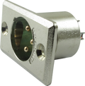 Silver metal 3-pin male panel connector with SWITCHCRAFT engraving.