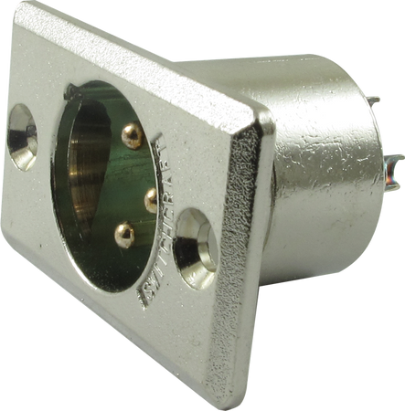 Silver metal 3-pin male panel connector with SWITCHCRAFT engraving.