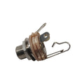 Metal 1/4 inch mono jack socket with beige insulating washers and solder lug terminals.