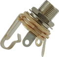 Close-up of a metal 1/4 inch mono jack socket with a long threaded bushing and multiple solder lugs.