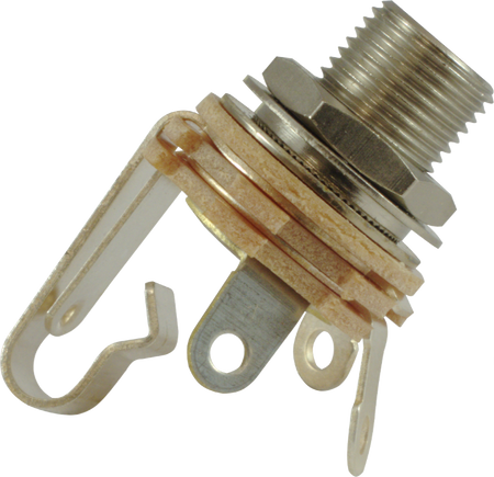 Close-up of a metal 1/4 inch mono jack socket with a long threaded bushing and multiple solder lugs.