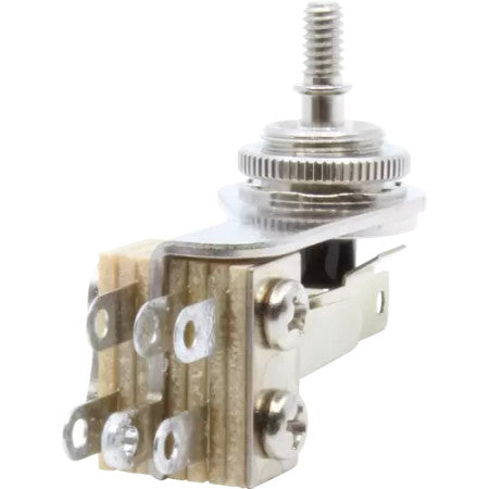 Metal rotary switch with six solder lugs and knurled nut, mounted on an off-white base.