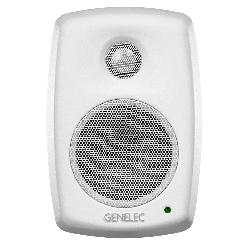 White Genelec speaker with black speaker grills and a green indicator light on the front.