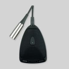 Black teardrop-shaped boundary microphone with a cable ending in a silver cylindrical connector