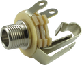 Close-up image of a 1/4 inch mono jack socket with attached metal mounting bracket and insulating washers.