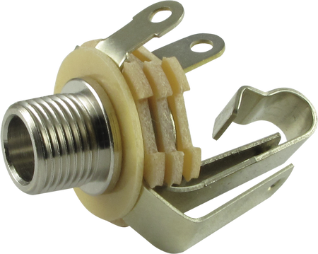 Close-up image of a 1/4 inch mono jack socket with attached metal mounting bracket and insulating washers.