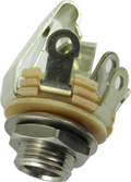 Close-up view of a metal 1/4 inch stereo jack socket with solder lugs and mounting hardware.