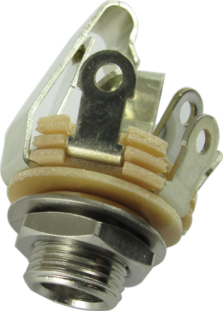 Close-up view of a metal 1/4 inch stereo jack socket with solder lugs and mounting hardware.