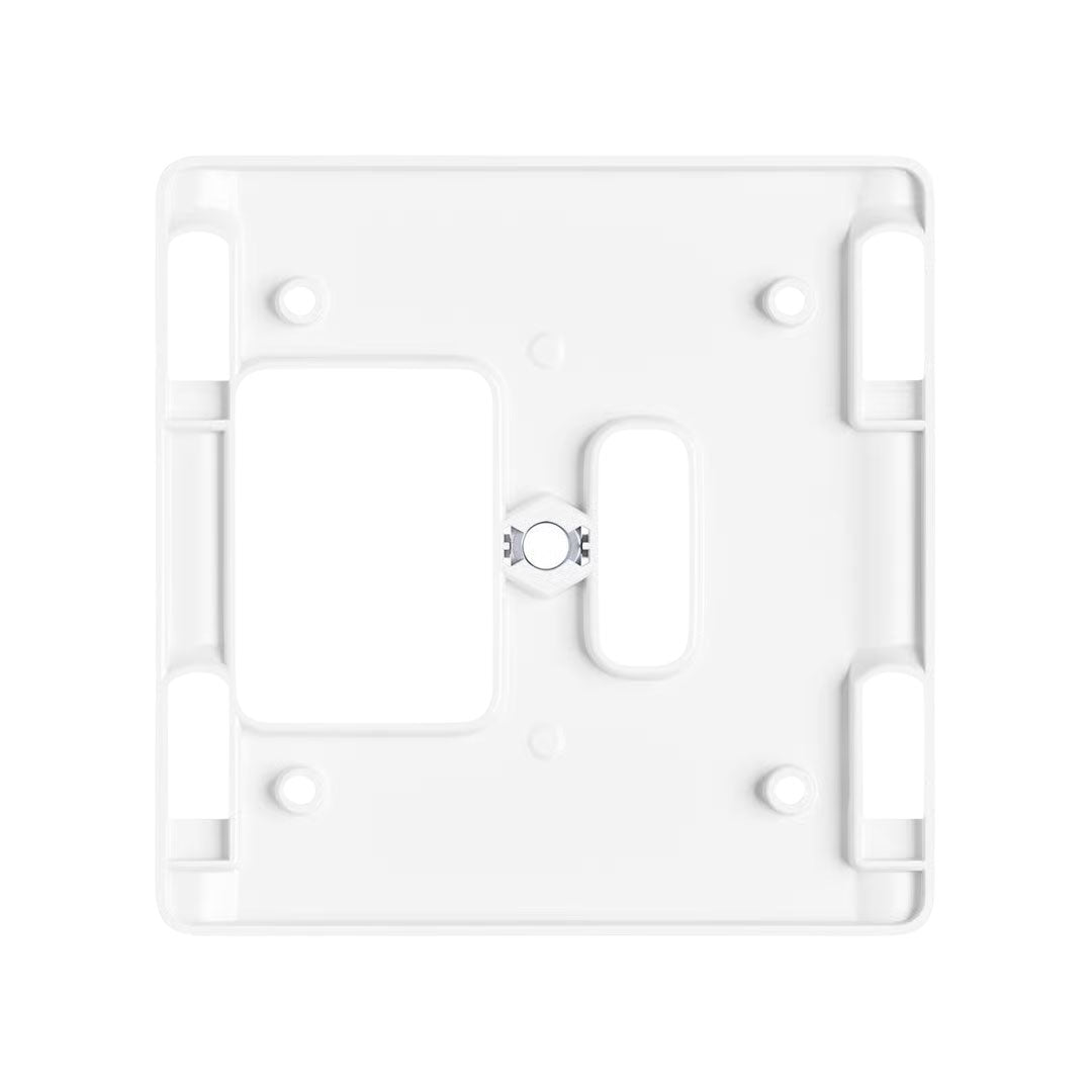 White square plastic wall mount adapter with multiple cutouts and a metal screw insert in the center