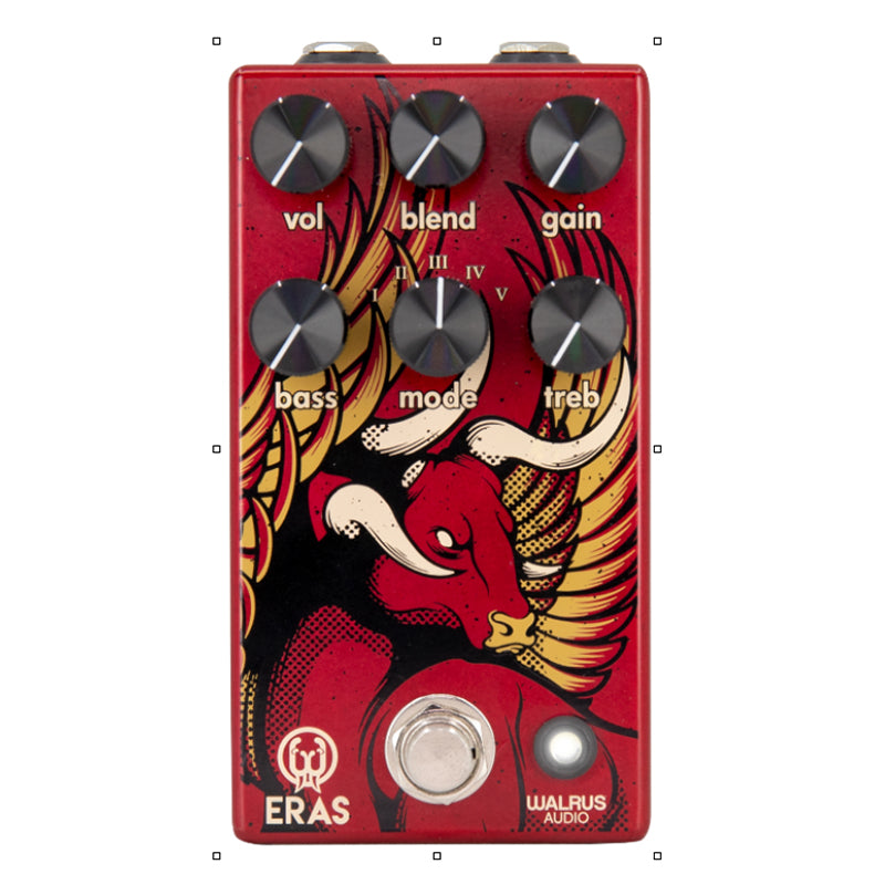 Red guitar effects pedal with six control knobs, footswitch, and graphic of a bull with wings.