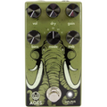 Olive green guitar effects pedal with six knobs, footswitch, and elephant graphic design.