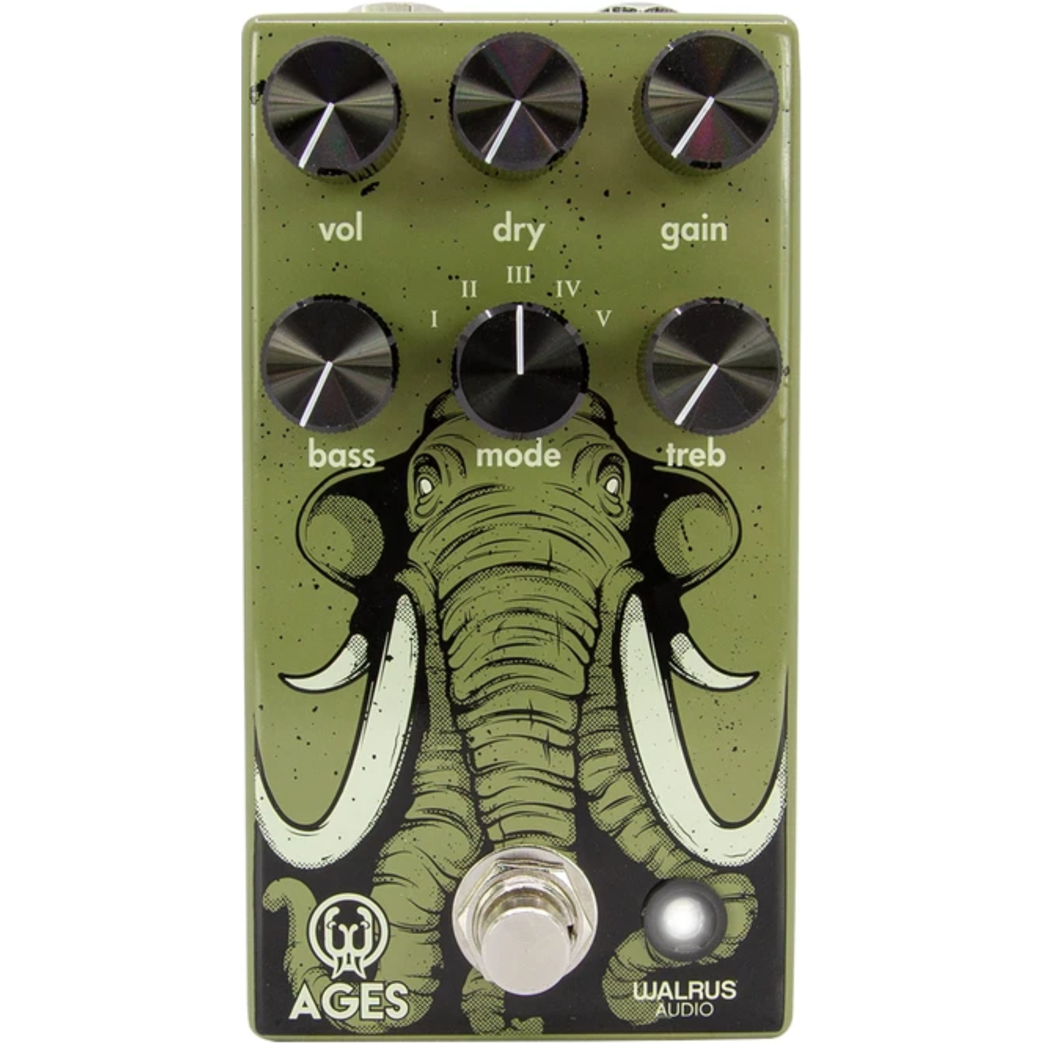 Olive green guitar effects pedal with six knobs, footswitch, and elephant graphic design.
