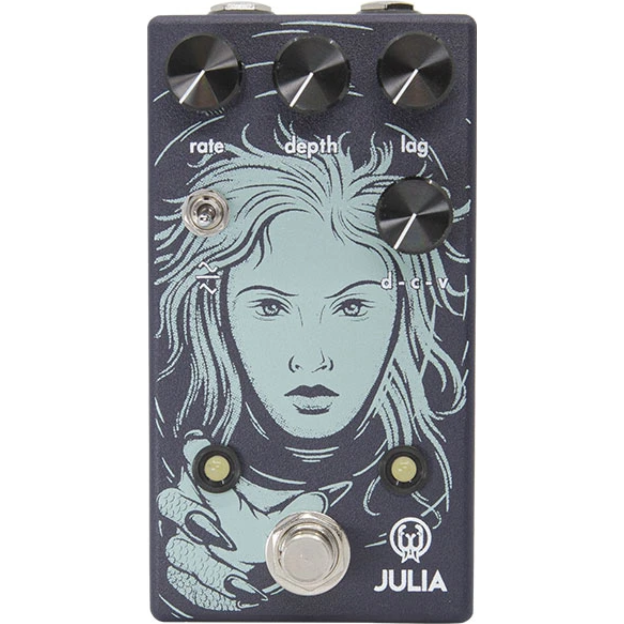 Rectangular black effects pedal with a blue face illustration, four knobs, a toggle switch, and a footswitch labeled Julia.