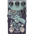 A guitar effects pedal with four knobs, two toggle switches, two footswitches, and artistic blue and black design.