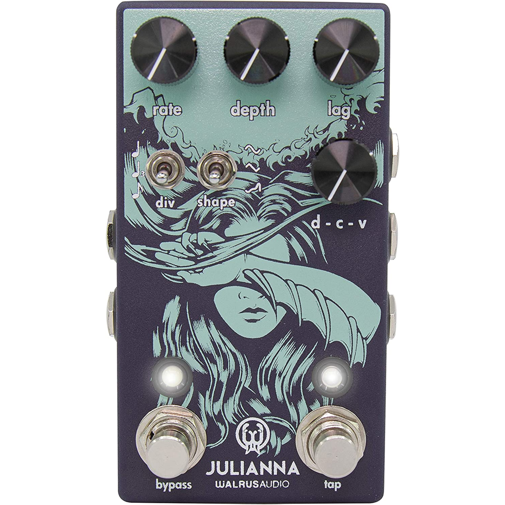 A guitar effects pedal with four knobs, two toggle switches, two footswitches, and artistic blue and black design.