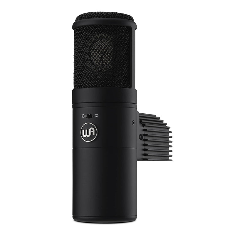 Black large-diaphragm microphone with a mesh grille and WA logo on the body, shown from angled front view.
