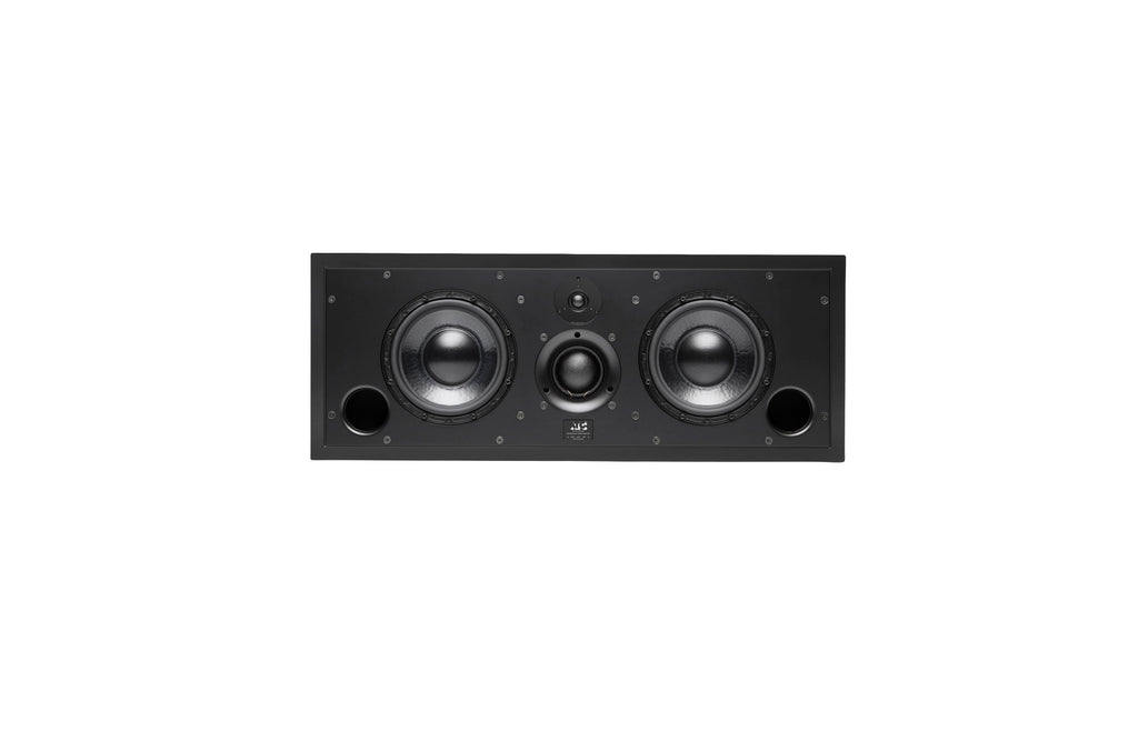 Black rectangular studio monitor speaker with two large woofers, two ports, and two smaller tweeters centered.