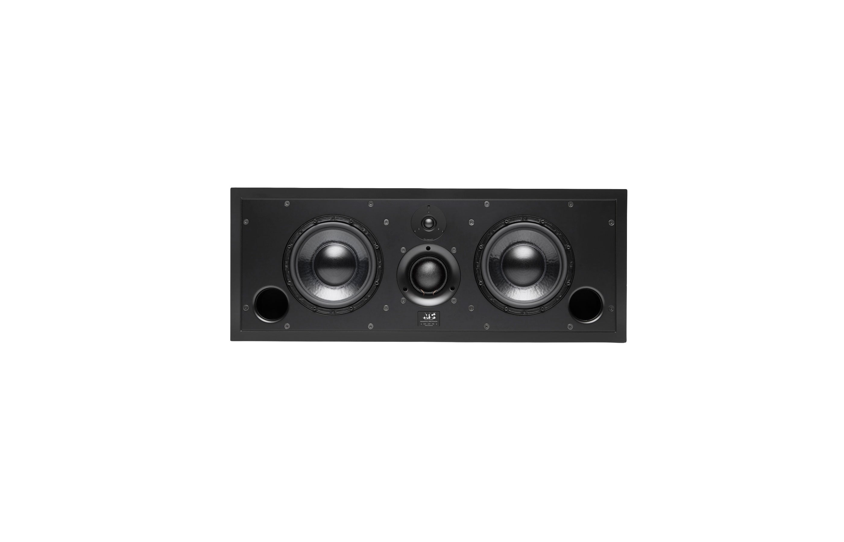 Black rectangular studio monitor speaker with two large woofers, two ports, and two smaller tweeters centered.