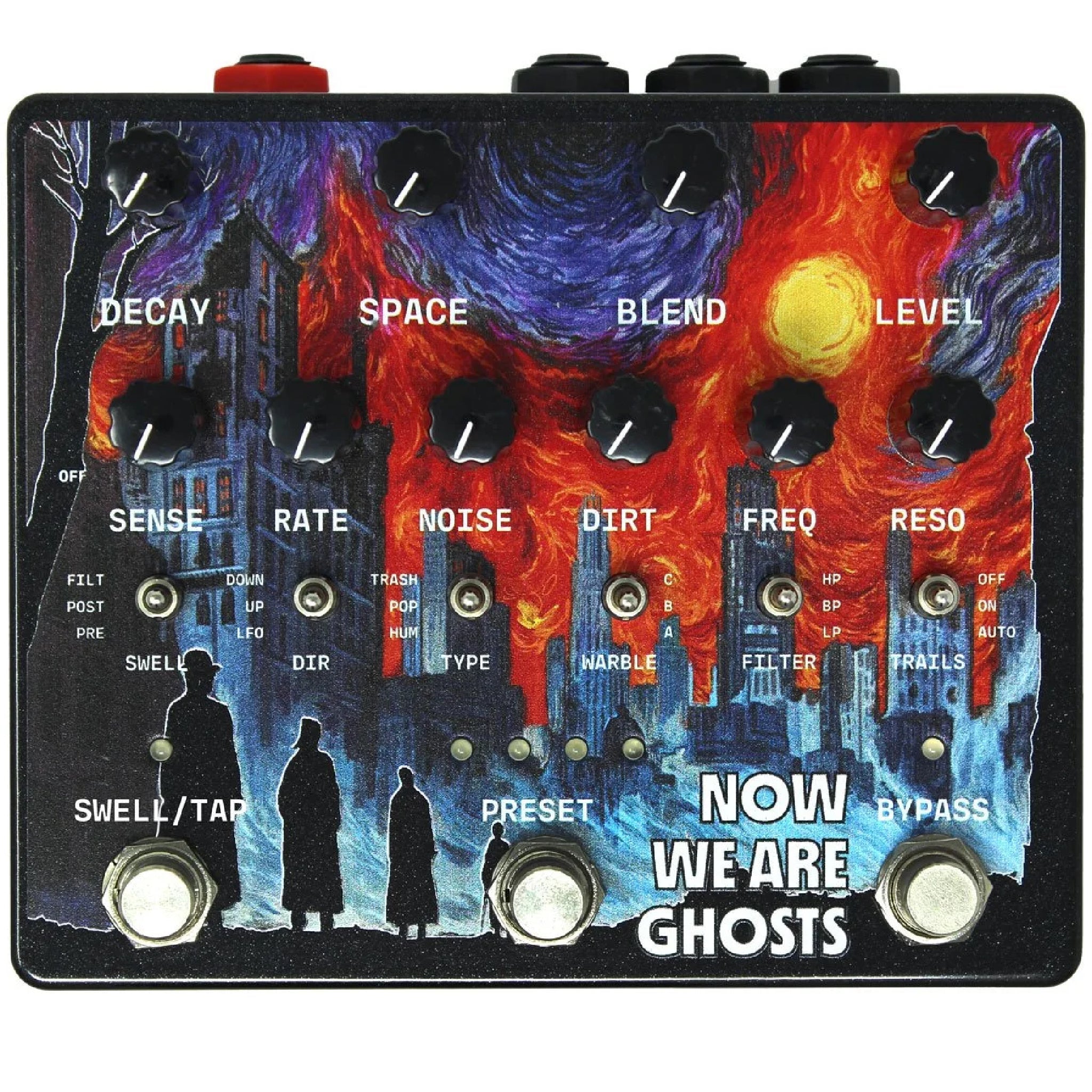 Guitar effects pedal with multiple knobs, switches, and footswitches on a colorful illustrated surface labeled Now We Are Ghosts.