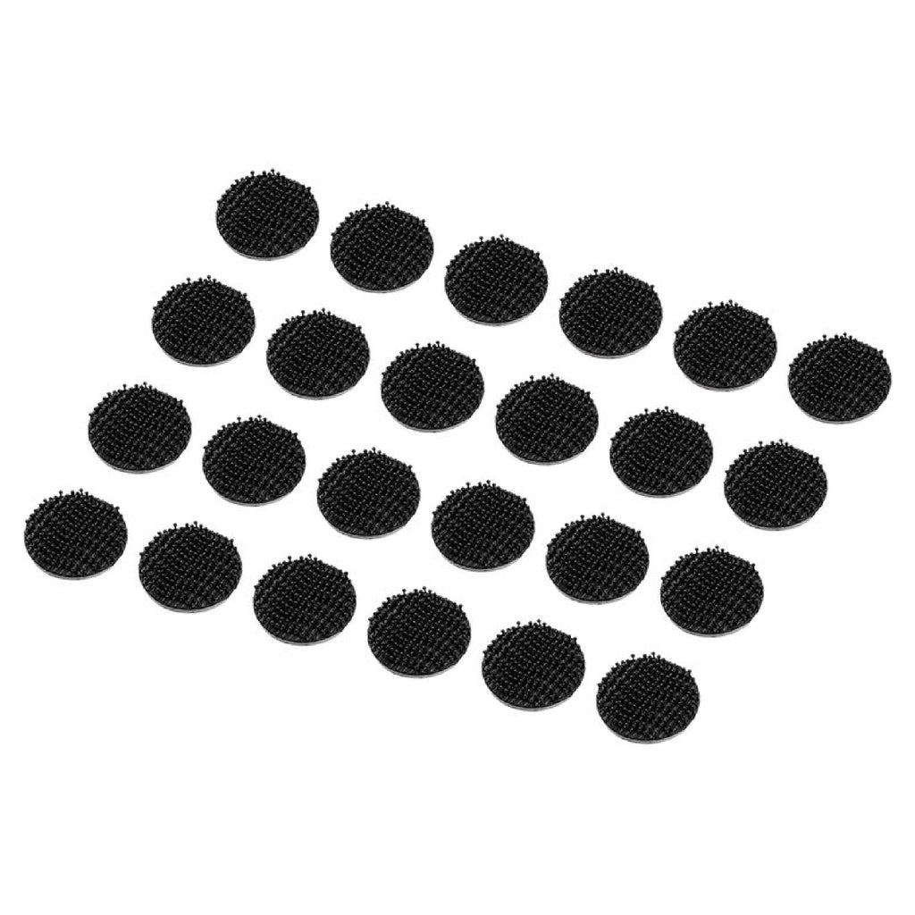 Twenty-four round black hook and loop fastener discs arranged in rows on a white background.