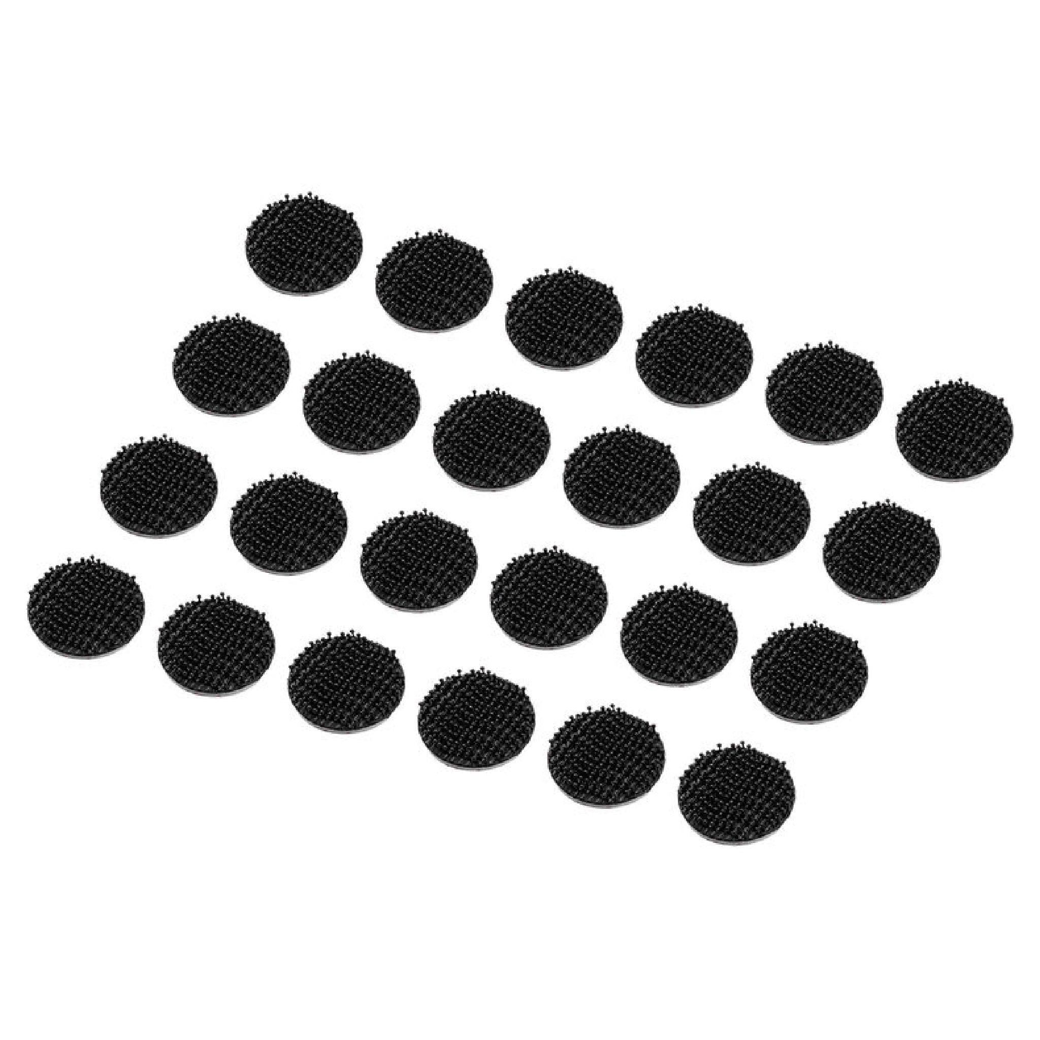 Twenty-four round black hook and loop fastener discs arranged in rows on a white background.