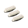 Set of three white single-coil electric guitar pickups with black mounting bases and wires.