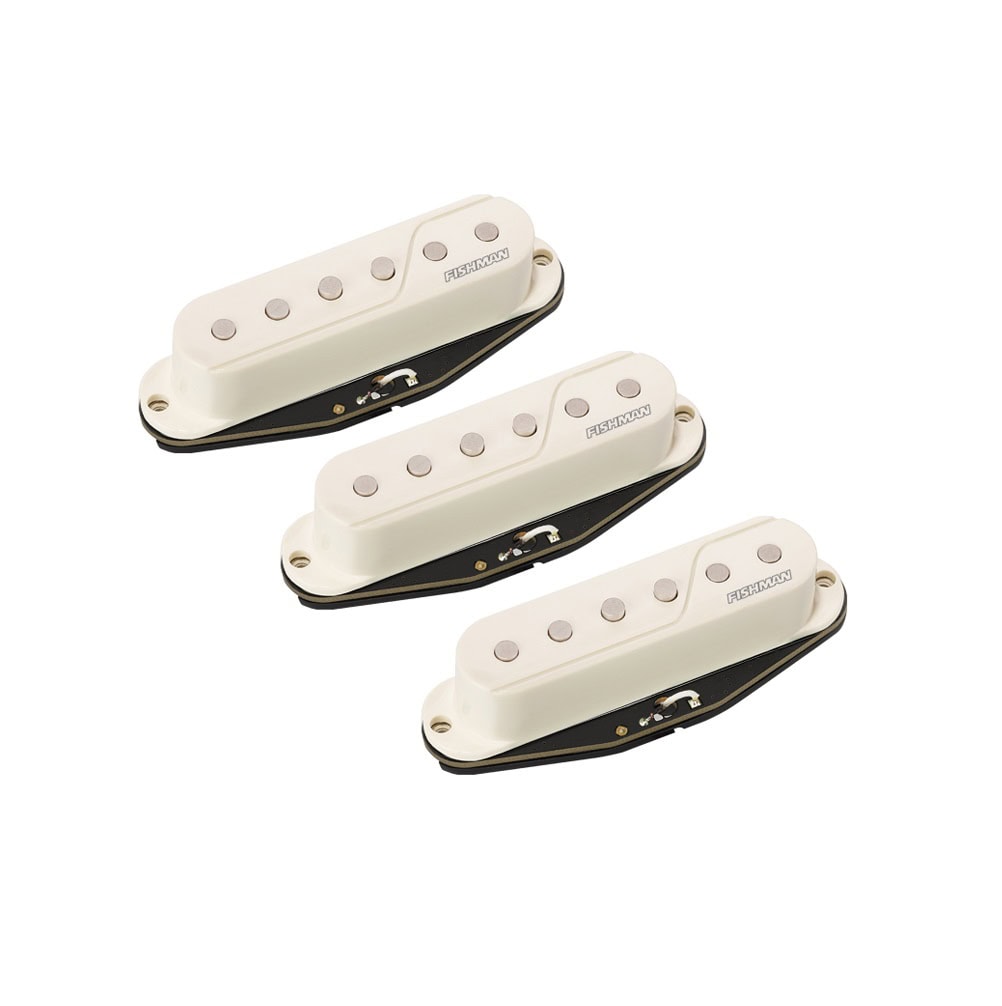 Set of three white single-coil electric guitar pickups with black mounting bases and wires.