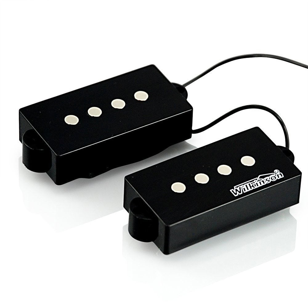 Two black rectangular guitar pickups with four metal pole pieces and attached wires, one labeled Wilkinson.