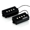 Two black rectangular guitar pickups with four metal pole pieces and attached wires, one labeled Wilkinson.