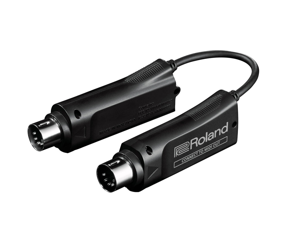 Black adapter units connected by a short cable with male 5-pin DIN connectors labeled Roland and MIDI out