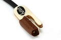 Close-up of a beige and brown banjo pickup with attached cable and KNA logo on the pickup body.