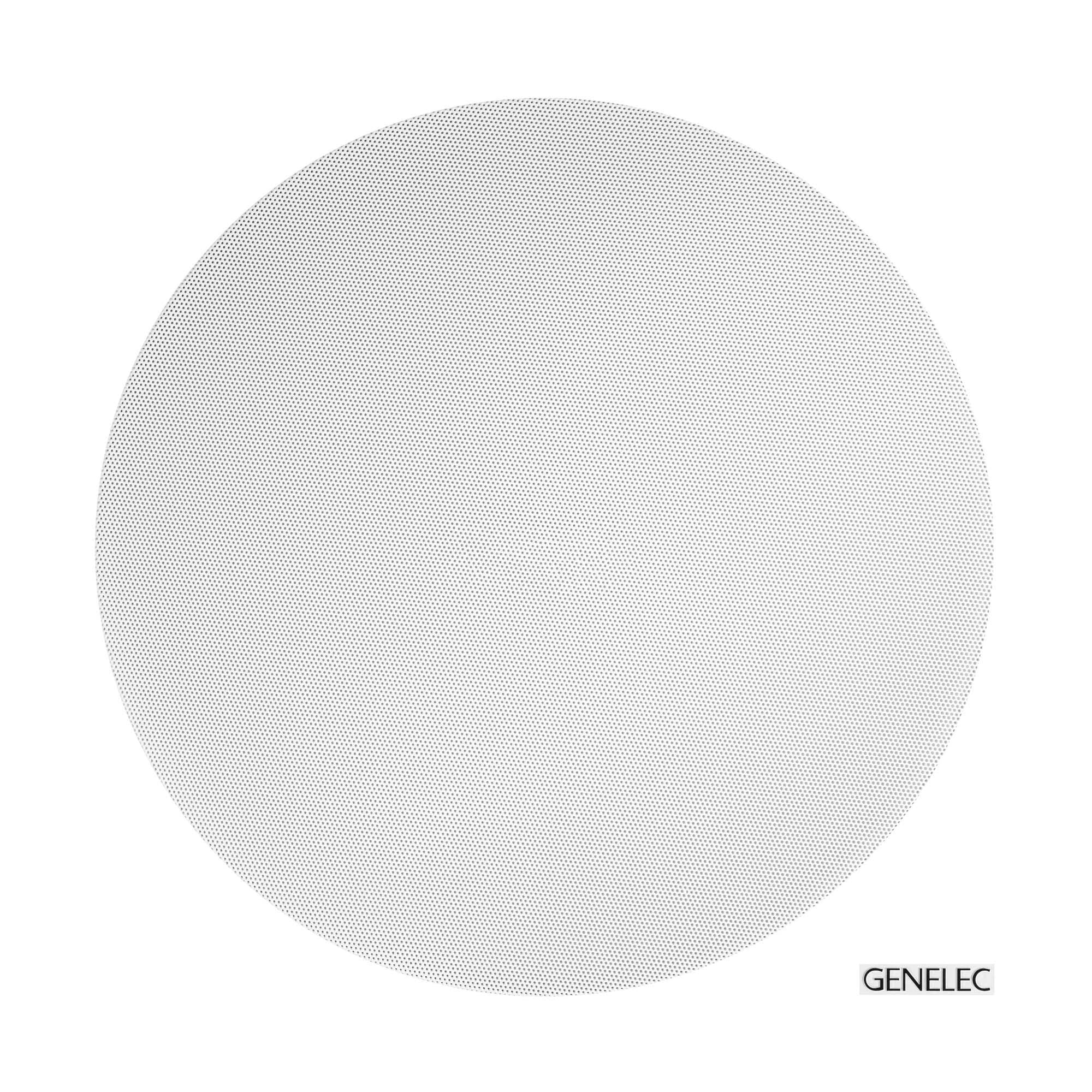 White circular speaker grille with perforated metal surface and Genelec logo.