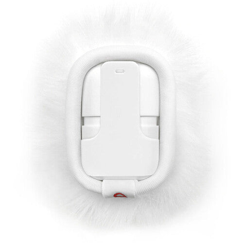 White furry windshield microphone accessory with a clip on the back.