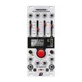 Silver eurorack module with sliders, knobs, a display showing reverb settings, and multiple audio jacks.
