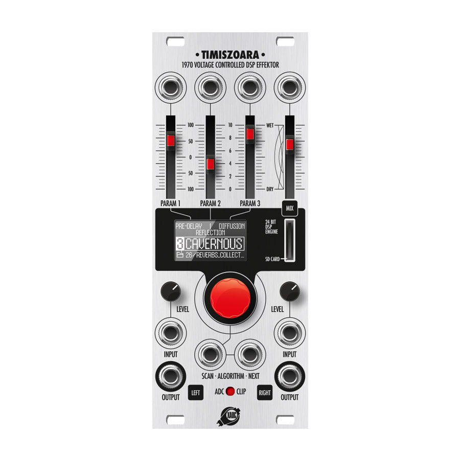 Silver eurorack module with sliders, knobs, a display showing reverb settings, and multiple audio jacks.