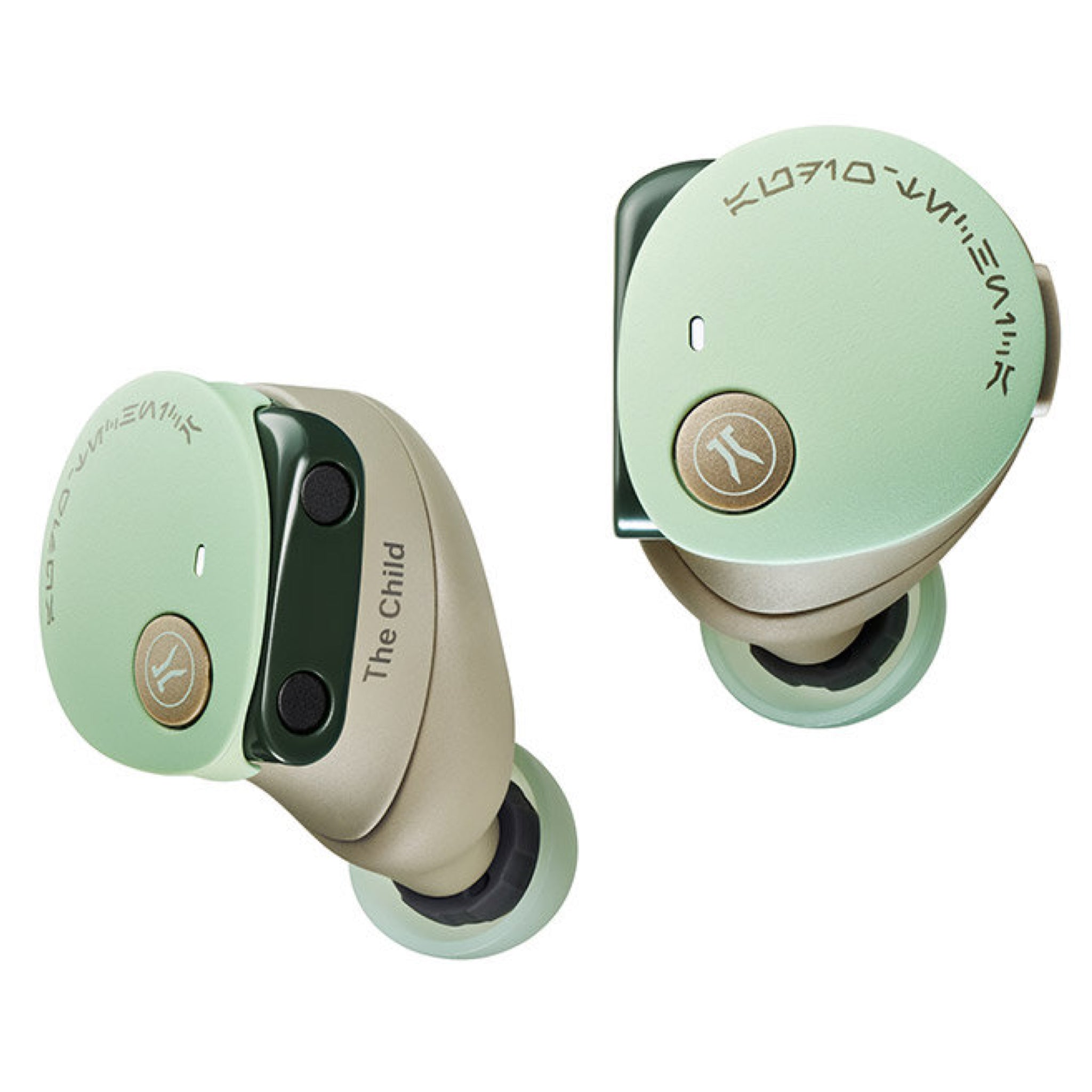 Pair of green and tan wireless earbuds with button controls and text The Child on one earbud.