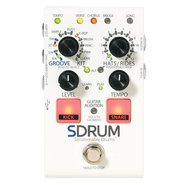 White guitar effects pedal with knobs, buttons labeled Kick and Snare, and multiple LED indicator lights.