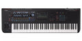 Black Yamaha MONTAGE M7 synthesizer with 76 keys, control knobs, sliders, buttons, and a display screen.